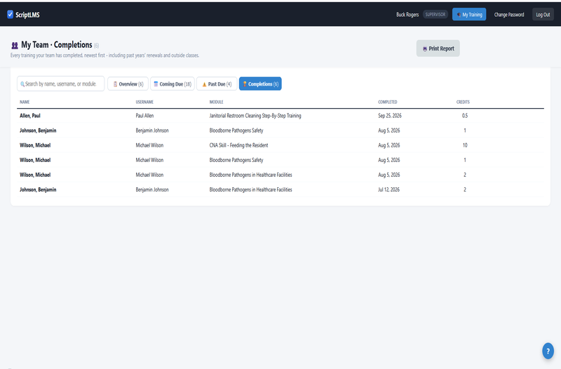 ScriptLMS My Team Completions tab listing every training the team has completed, with certificates